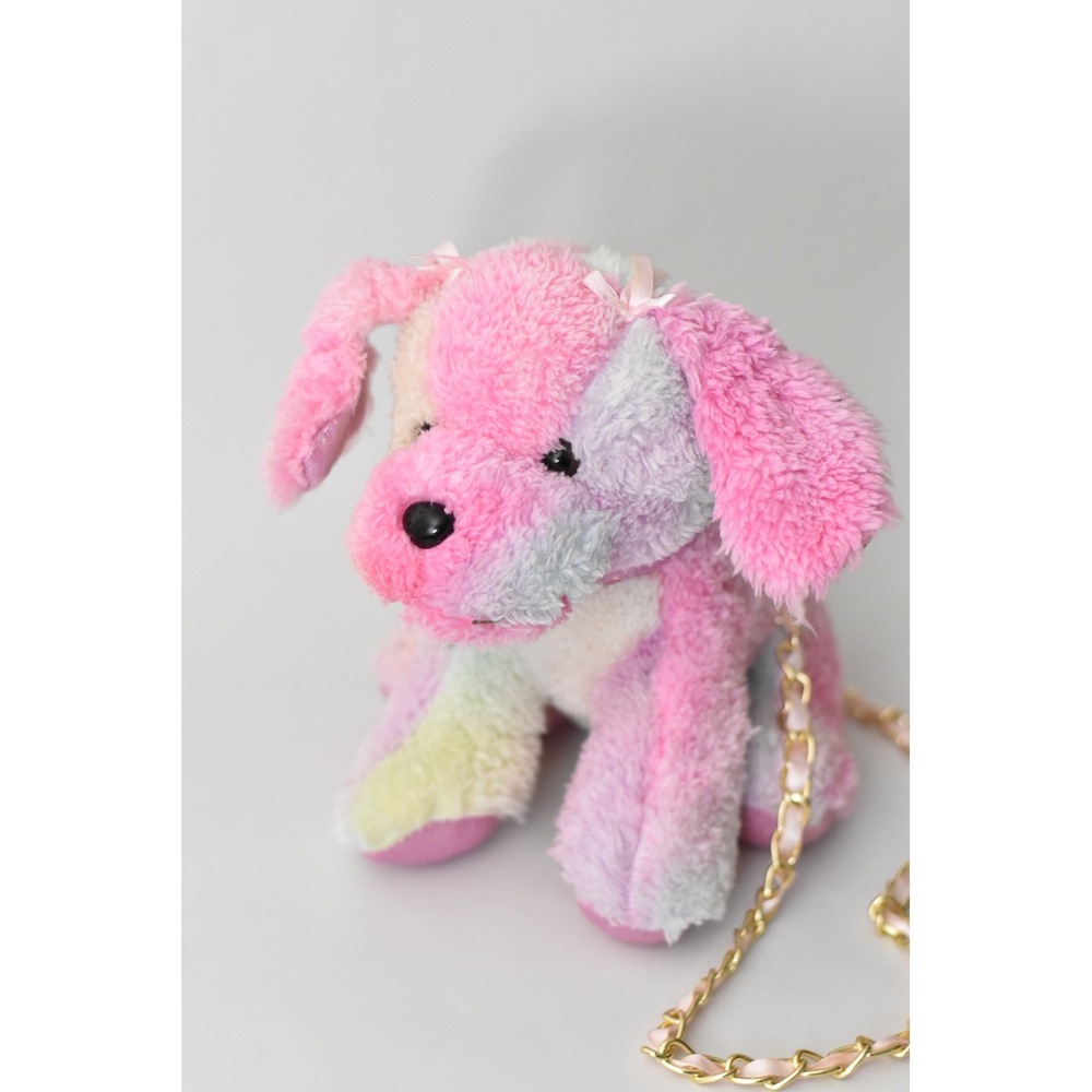 Plush Dog Crossbody Bag Kids OS Pink Pastel Excellent Gold Chain Strap - Picture 2 of 5